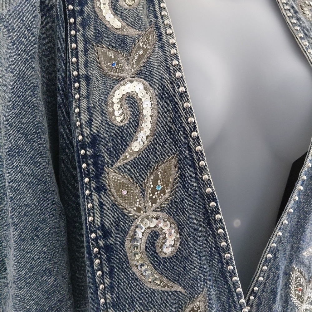80's Bling Denim Jacket Womens Medium Acid Wash Deep V 90210 Preppy Retro Punk - Picture 8 of 16